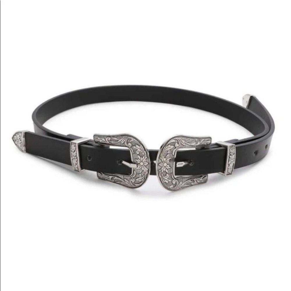Double buckle belt western boho black silver